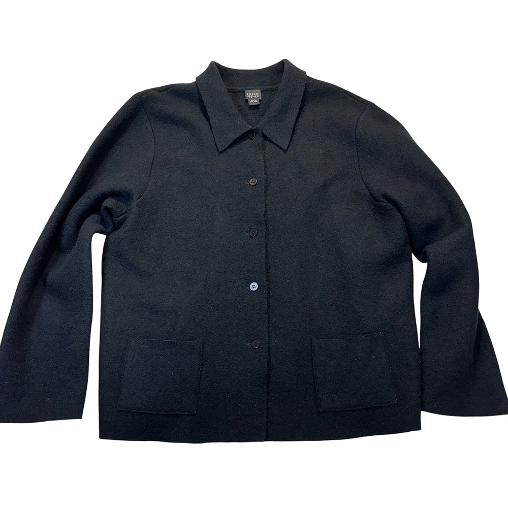 Eileen Fisher Wool Jacket Womens Large Black Boiled‎ Wool Minimalist 608W